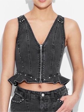 Wild Fable Black Denim Vest with Studs and Ruffle